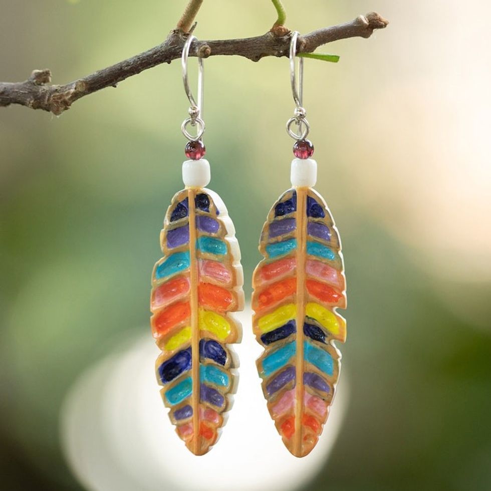 Handmade Rainbow Leafy Dangle Earrings with Garnet Beads 'Rainbow Leaves'