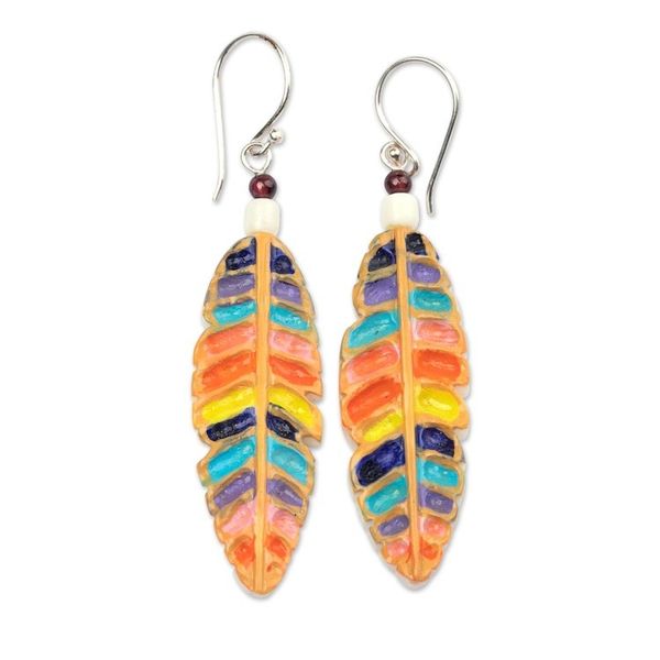 Alternate image for Handmade Rainbow Leafy Dangle Earrings with Garnet Beads Rainbow Leaves