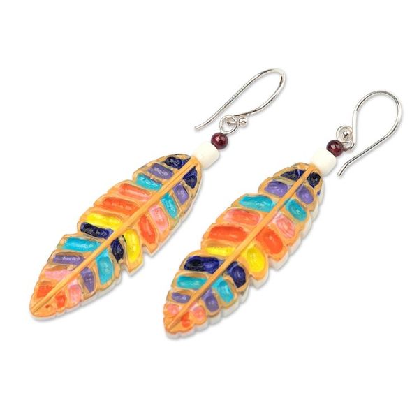 Alternate image for Handmade Rainbow Leafy Dangle Earrings with Garnet Beads Rainbow Leaves