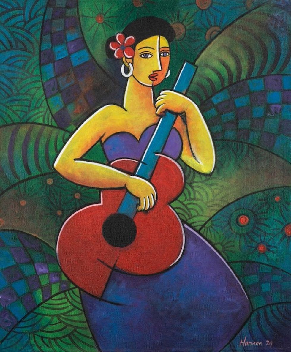 Signed Expressionist Acrylic Painting of Woman and Guitar 'Music Expression of the Heart'