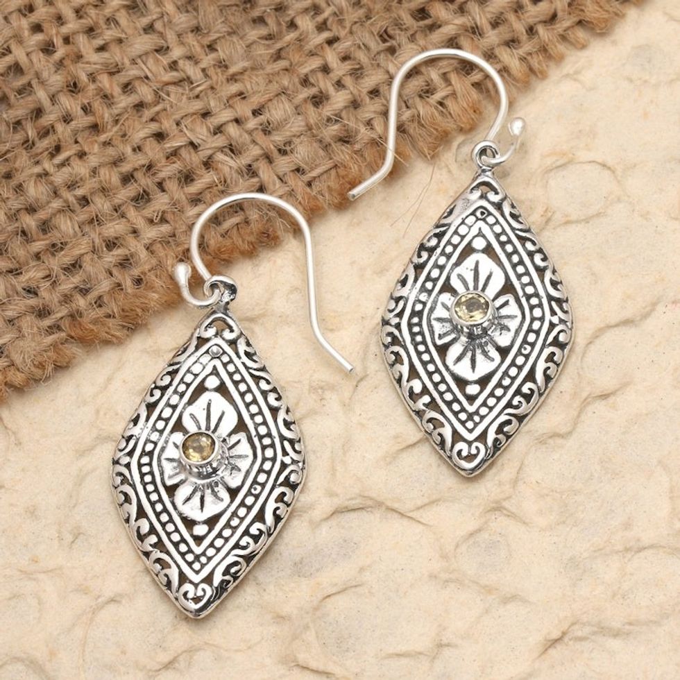 Geometric Floral Silver Dangle Earrings with Citrine Stones 'Kite Festival in Yellow'