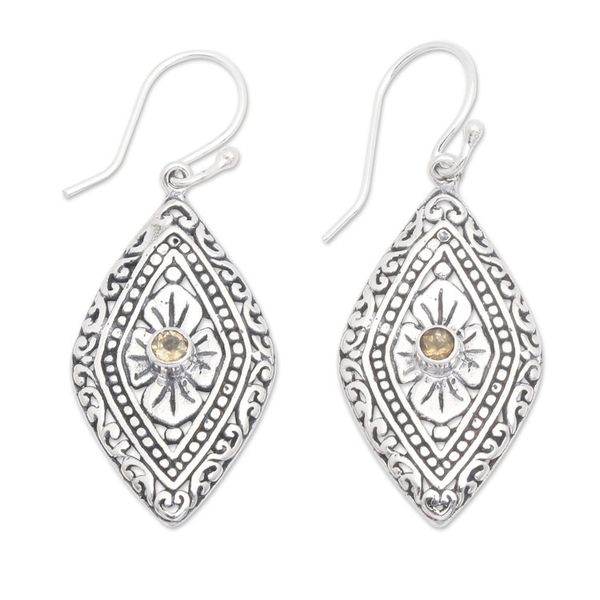 Alternate image for Geometric Floral Silver Dangle Earrings with Citrine Stones Kite Festival in Yellow