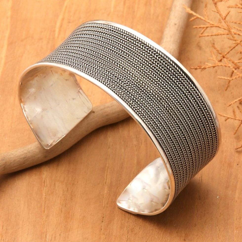 Sterling Silver Cuff Bracelet with Oxidized Textured Finish 'Woven Magic'