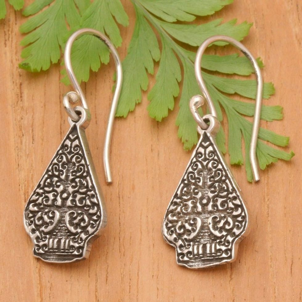 Polished Kayonan-Shaped Sterling Silver Dangle Earrings 'Bali Kayonan'