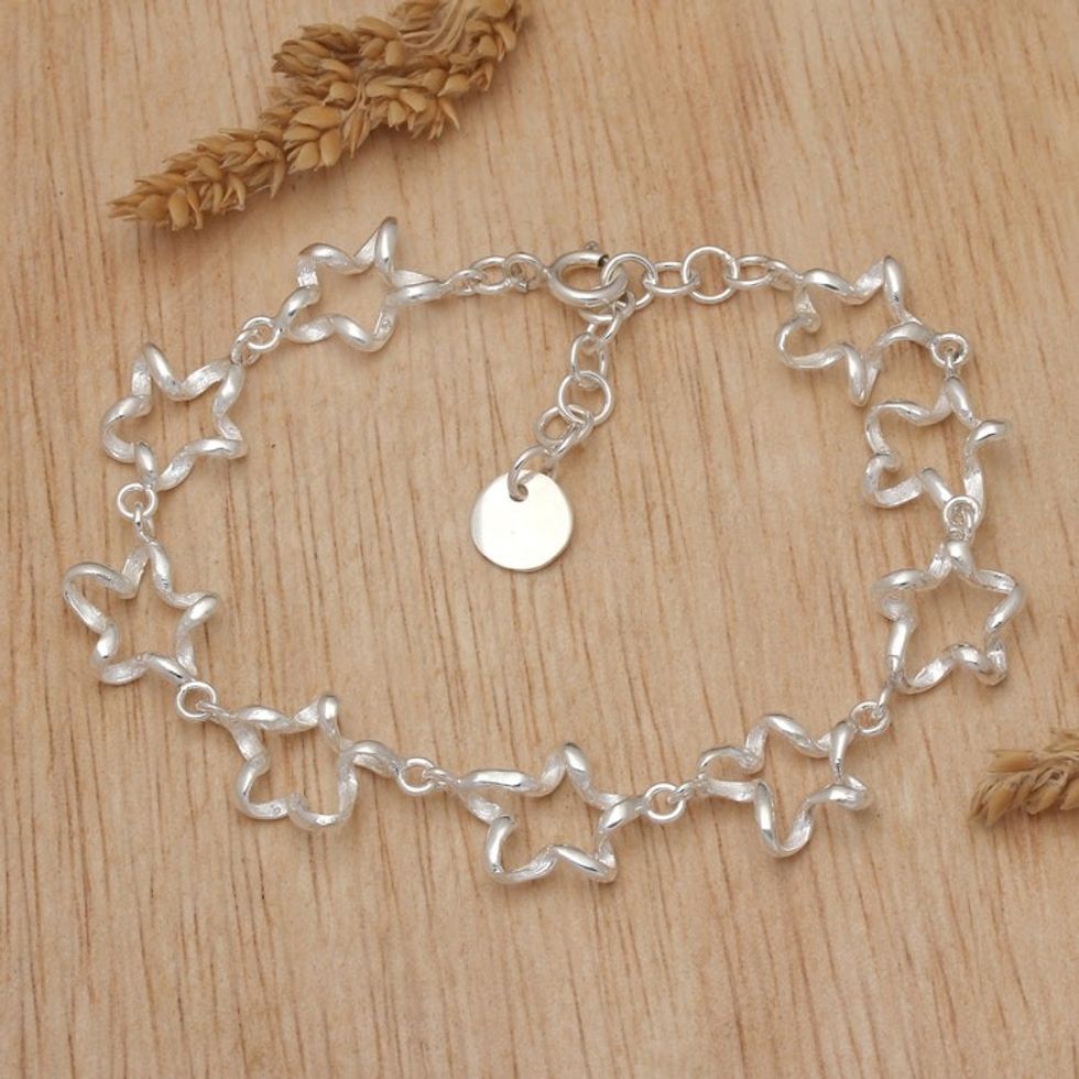 High-Polished Serpentine Star Sterling Silver Link Bracelet 'Serpentine Stars'