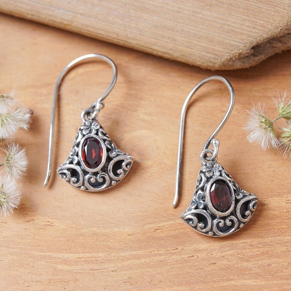 Folk Art-Themed Natural Garnet Dangle Earrings Made in Bali 'Passionate Lanterns'