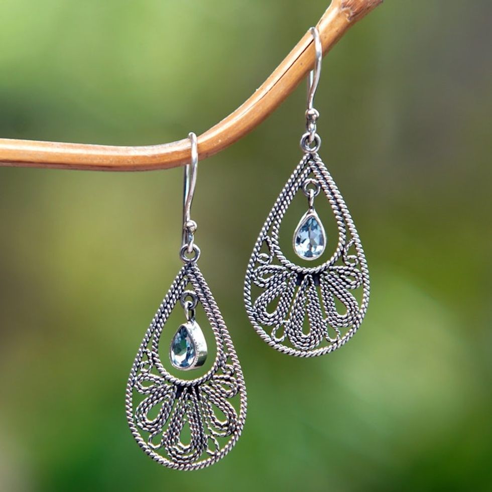 Sterling Silver Swinging Blue Topaz Stones Dangle Earrings 'Swinging Moon'