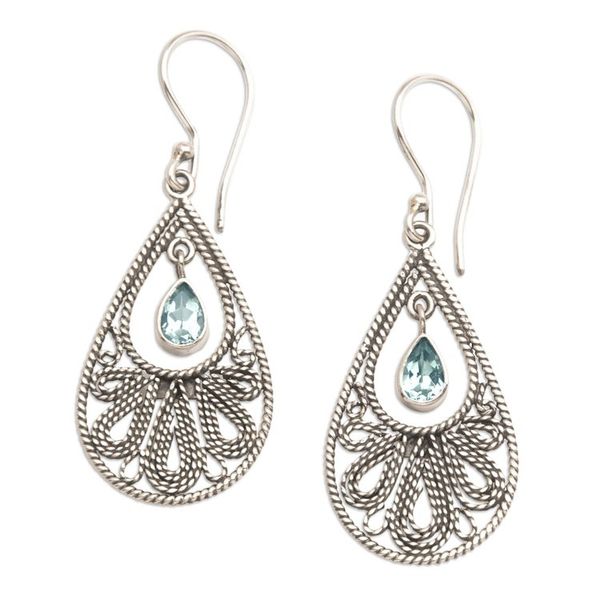 Alternate image for Sterling Silver Swinging Blue Topaz Stones Dangle Earrings Swinging Moon