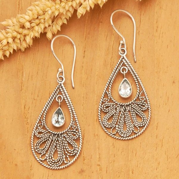 Alternate image for Sterling Silver Swinging Blue Topaz Stones Dangle Earrings Swinging Moon