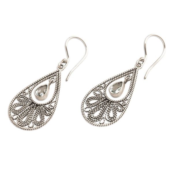 Alternate image for Sterling Silver Swinging Blue Topaz Stones Dangle Earrings Swinging Moon