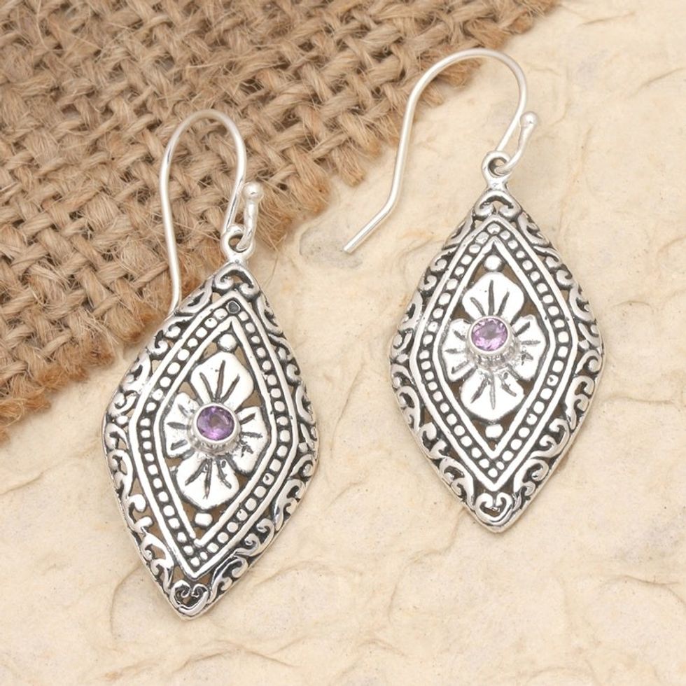 Geometric Floral Silver Dangle Earrings with Amethyst Stones 'Kite Festival in Purple'