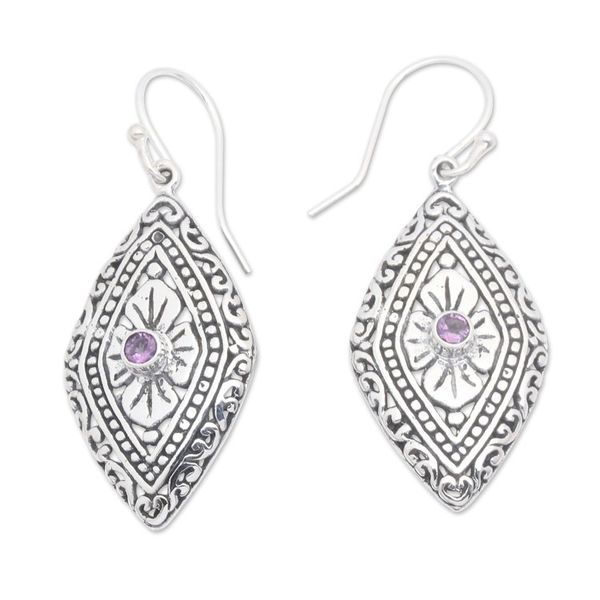 Alternate image for Geometric Floral Silver Dangle Earrings with Amethyst Stones Kite Festival in Purple