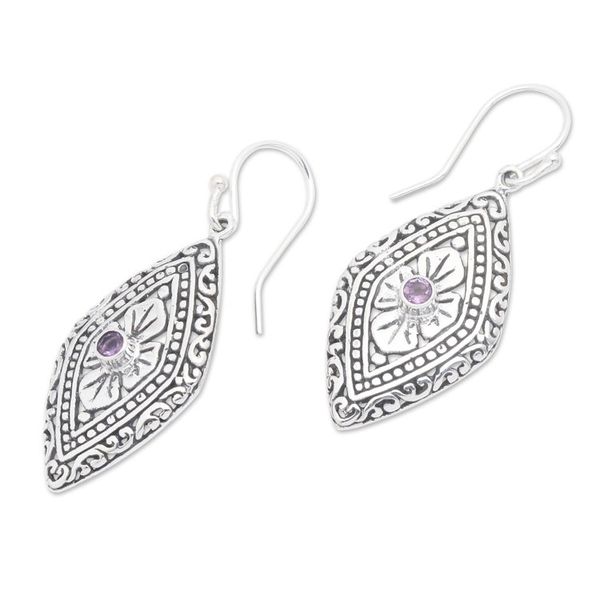 Alternate image for Geometric Floral Silver Dangle Earrings with Amethyst Stones Kite Festival in Purple