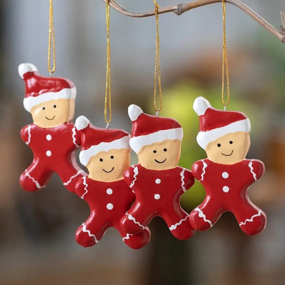 Hand-Painted Set of 4 Red Wood Gingerbread Boy Ornaments 'Christmas Pajamas'