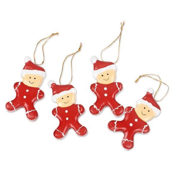 Alternate image for Hand-Painted Set of 4 Red Wood Gingerbread Boy Ornaments Christmas Pajamas