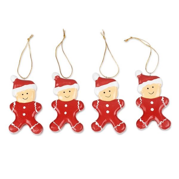 Alternate image for Hand-Painted Set of 4 Red Wood Gingerbread Boy Ornaments Christmas Pajamas