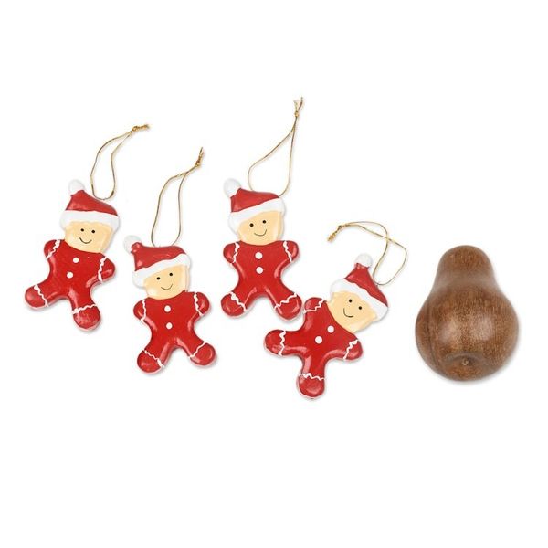 Alternate image for Hand-Painted Set of 4 Red Wood Gingerbread Boy Ornaments Christmas Pajamas