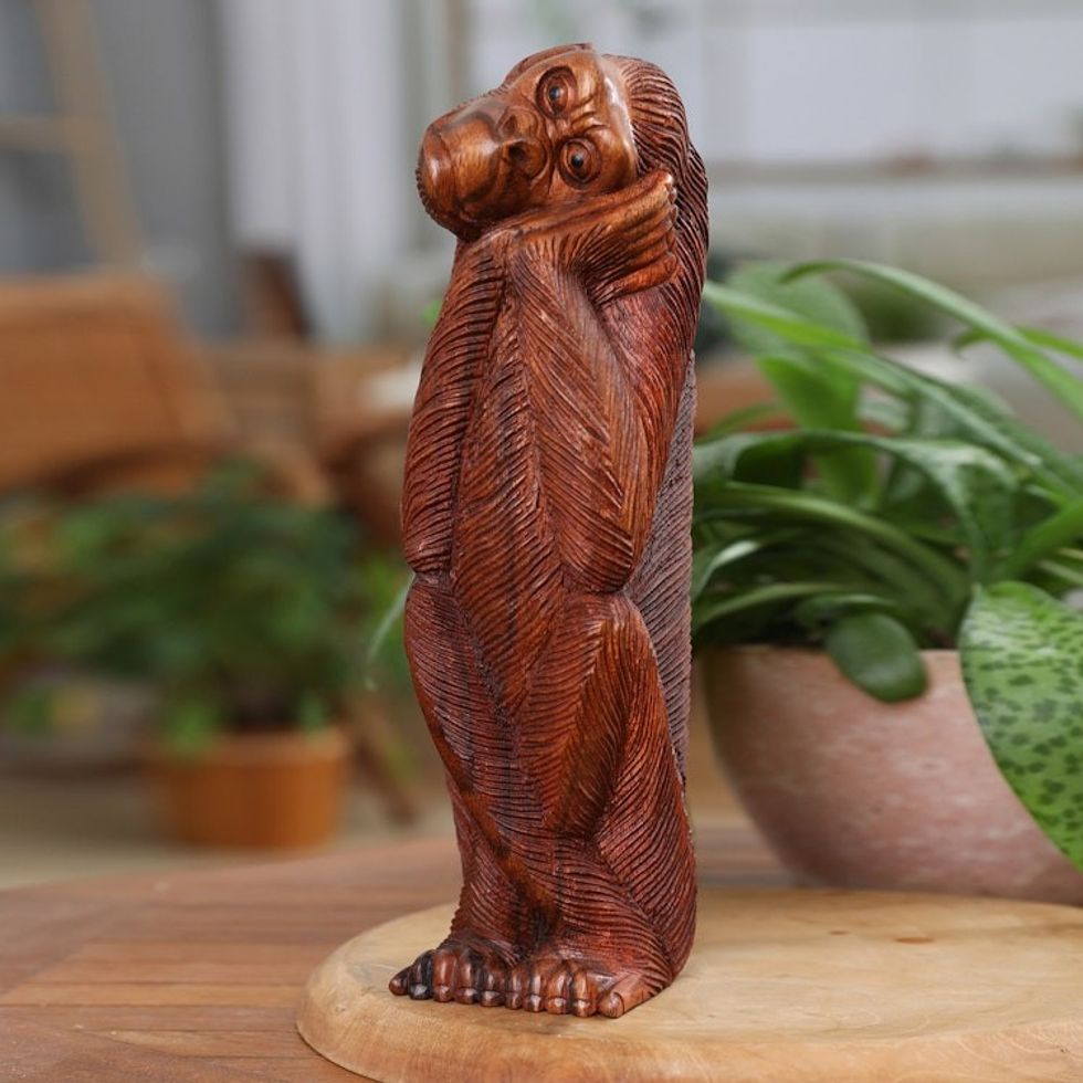 Whimsical Suar Wood Monkey Sculpture Hand-Carved in Bali 'A Daydreaming Chimpanzee'