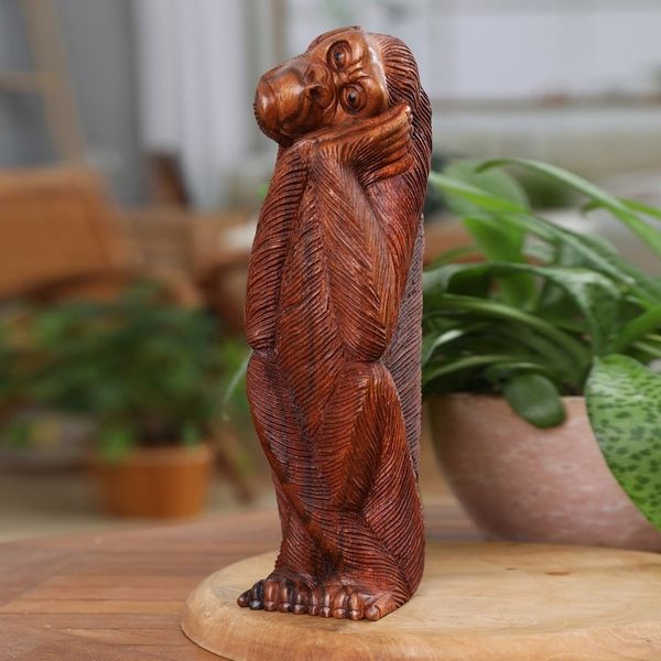 Alternate image for Whimsical Suar Wood Monkey Sculpture Hand-Carved in Bali A Daydreaming Chimpanzee