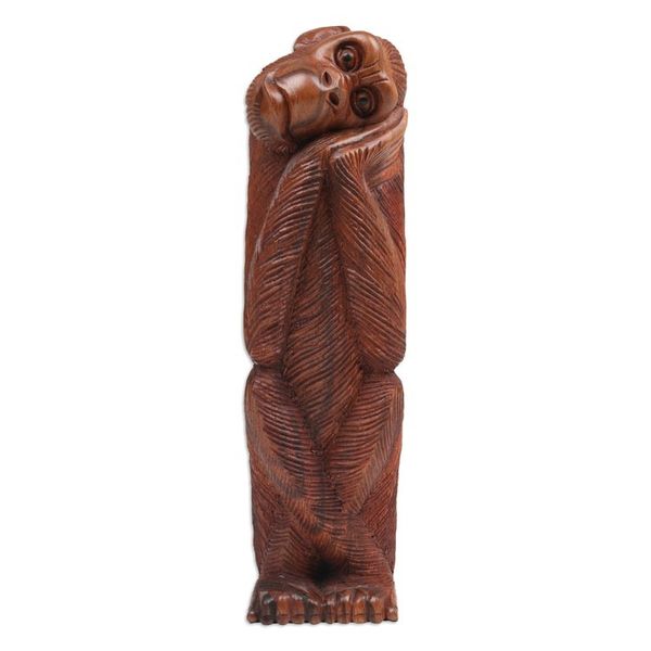 Alternate image for Whimsical Suar Wood Monkey Sculpture Hand-Carved in Bali A Daydreaming Chimpanzee