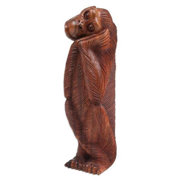 Alternate image for Whimsical Suar Wood Monkey Sculpture Hand-Carved in Bali A Daydreaming Chimpanzee