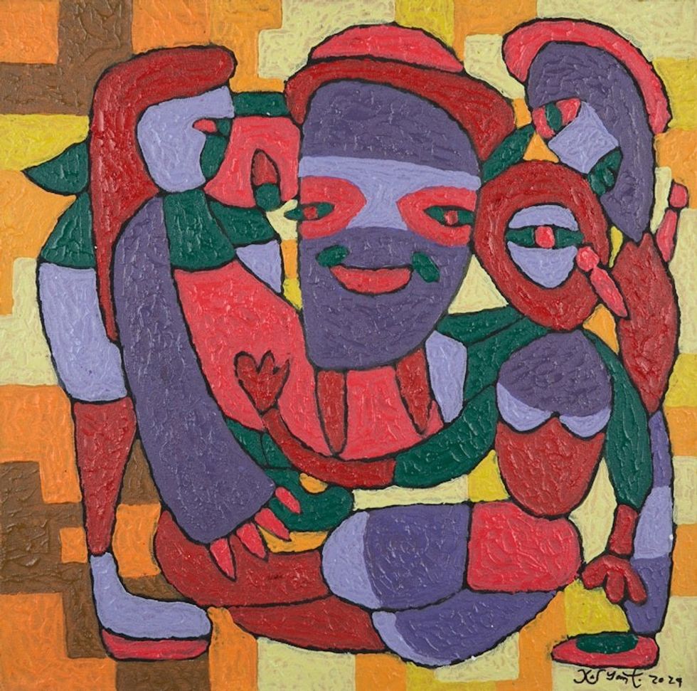 Signed Folk Art Red and Yellow Acrylic Painting from Bali 'Shape of Deformasi IV'