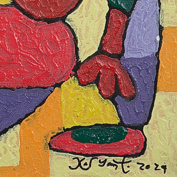 Alternate image for Signed Folk Art Red and Yellow Acrylic Painting from Bali Shape of Deformasi IV