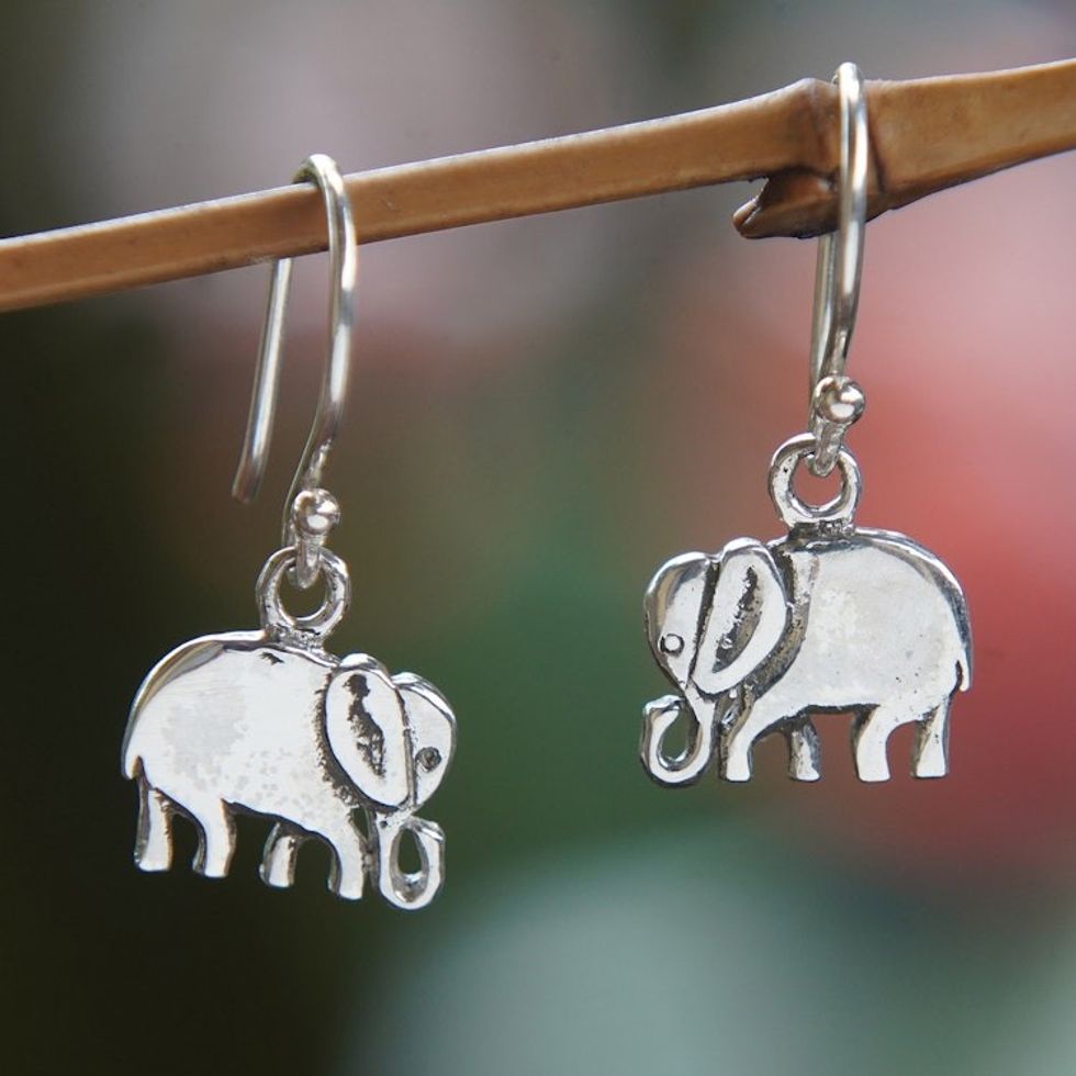Polished Elephant-Themed Sterling Silver Dangle Earrings 'Young Elephants'