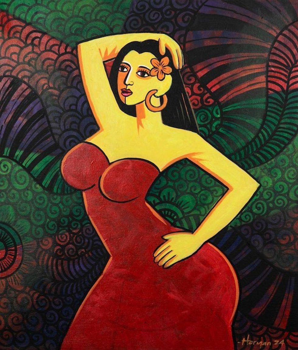 Expressionist Floral Acrylic Painting from Bali 'Love Your Job'