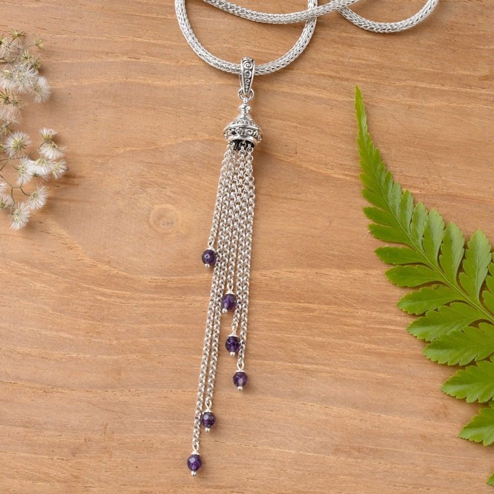 Silver Pendant Necklace with Dangling Amethyst Gemstones 'Raining Violets'