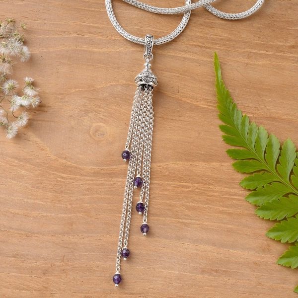 Alternate image for Silver Pendant Necklace with Dangling Amethyst Gemstones Raining Violets