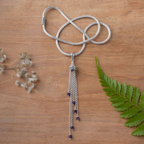 Alternate image for Silver Pendant Necklace with Dangling Amethyst Gemstones Raining Violets