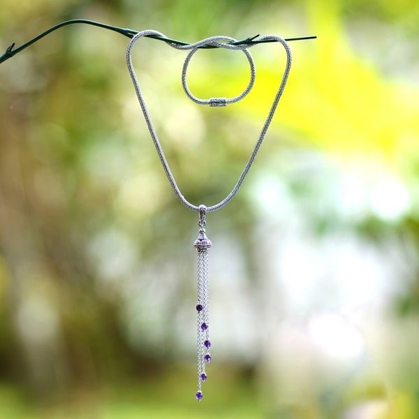 Alternate image for Silver Pendant Necklace with Dangling Amethyst Gemstones Raining Violets