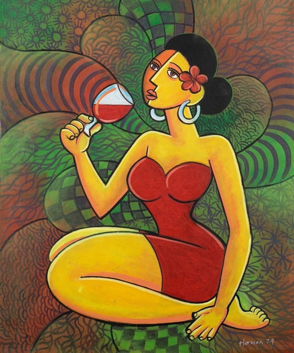 Expressionist Acrylic Painting of Woman and Jamu Beverage 'A Glass of Traditional Spices'