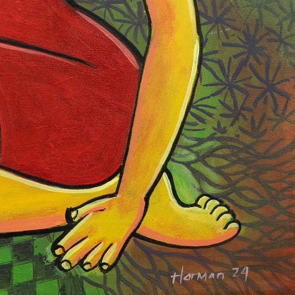 Alternate image for Expressionist Acrylic Painting of Woman and Jamu Beverage A Glass of Traditional Spices