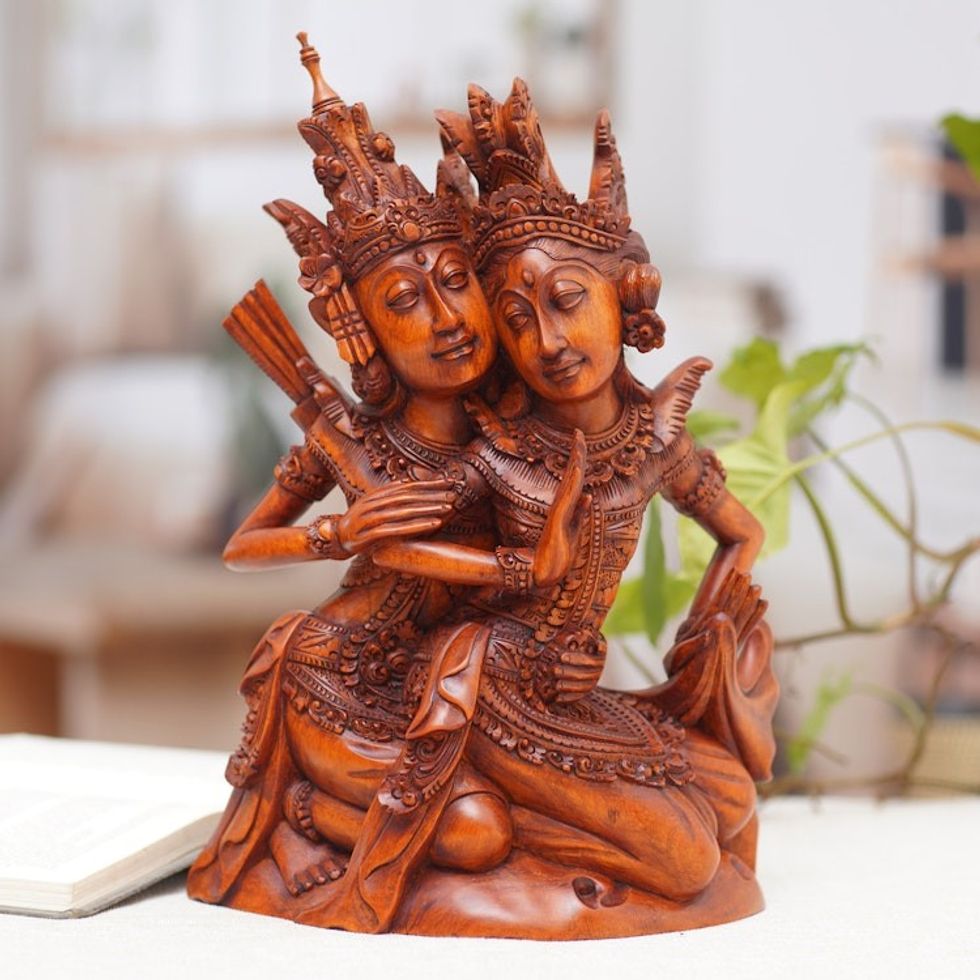 Handcrafted Traditional Rama and Sita Suar Wood Sculpture 'Rama and Sita's Romance'
