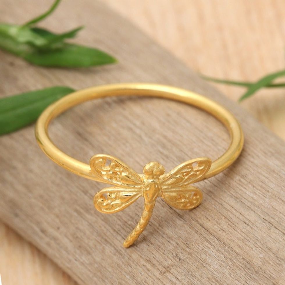 18k Gold-Plated Dragonfly-Shaped Cocktail Ring from Bali 'Sacred Dragonfly'