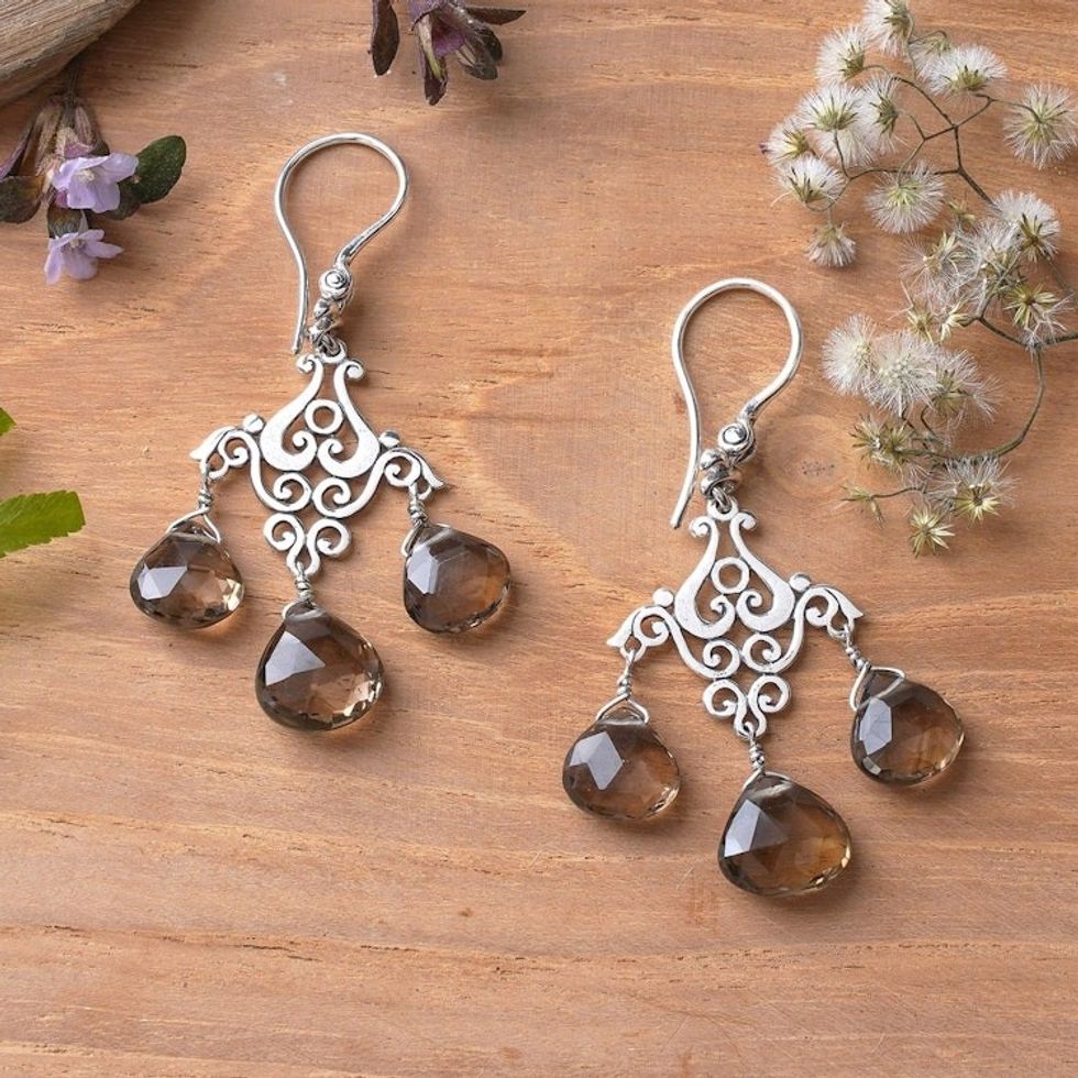 Fan-Shaped Smoky Quartz Chandelier Earrings Crafted in Bali 'Gala of Novelty'