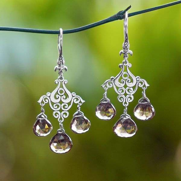 Alternate image for Fan-Shaped Smoky Quartz Chandelier Earrings Crafted in Bali Gala of Novelty