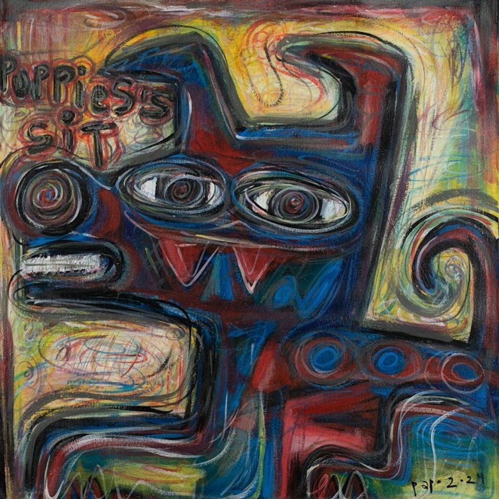 Unstretched Multicolor Mixed Media Childhood Dog Painting 'Puppies Sit'