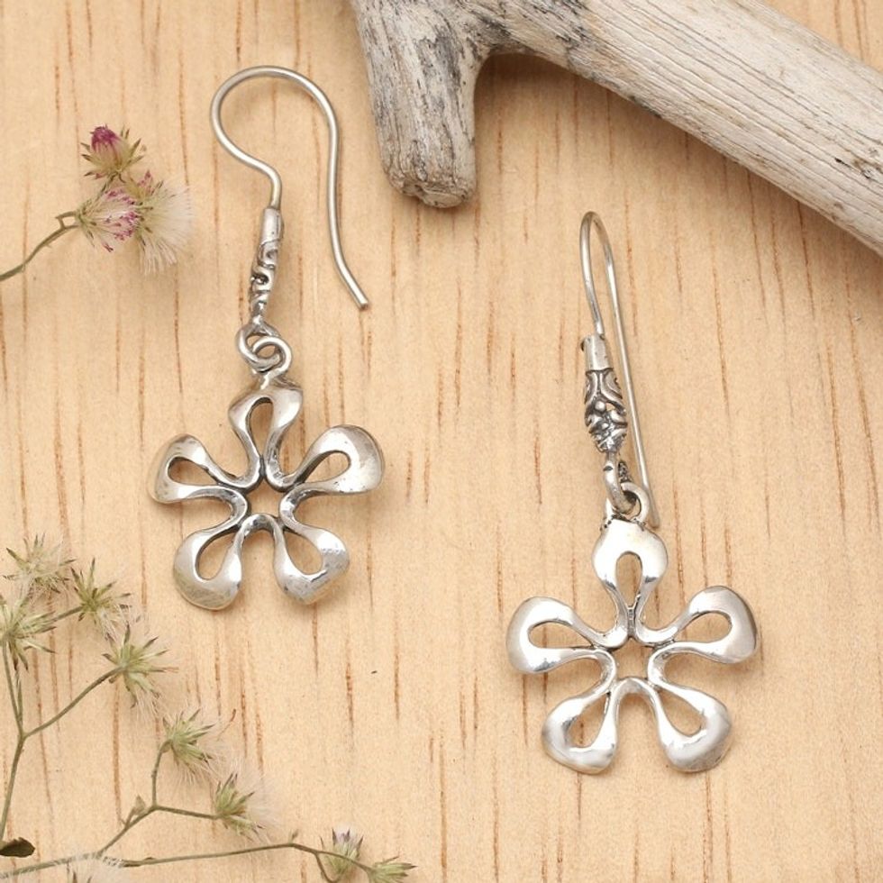 Polished Floral Sterling Silver Dangle Earrings Made in Bali 'Lavender Light'