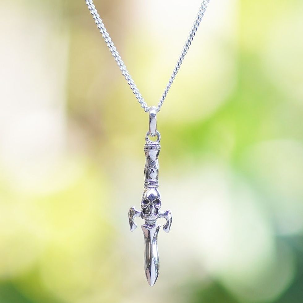 Skull-Themed Sterling Silver Pendant Necklace from Bali 'Underworld Sword'