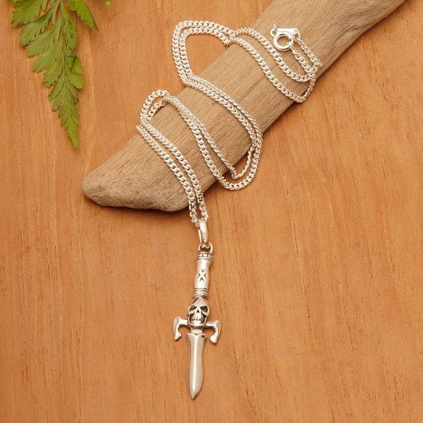Alternate image for Skull-Themed Sterling Silver Pendant Necklace from Bali Underworld Sword
