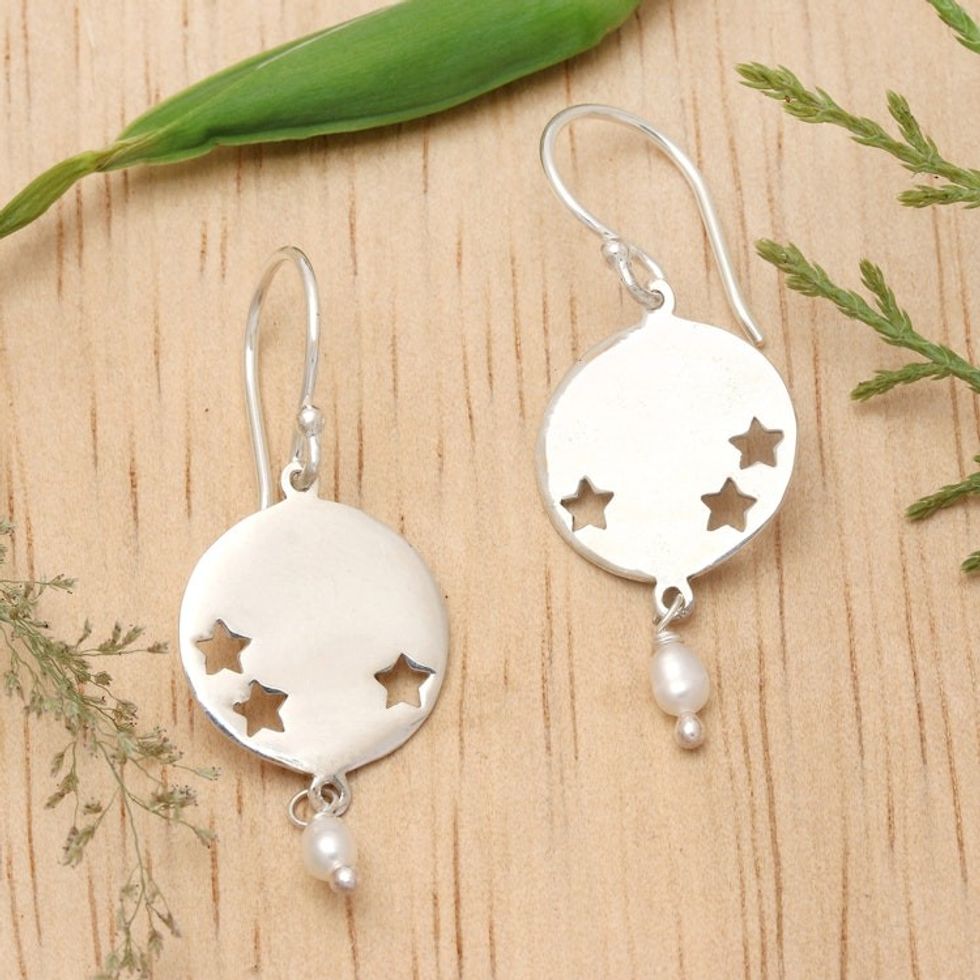 Star-Themed Sterling Silver and White Pearl Dangle Earrings 'Little Constellation'