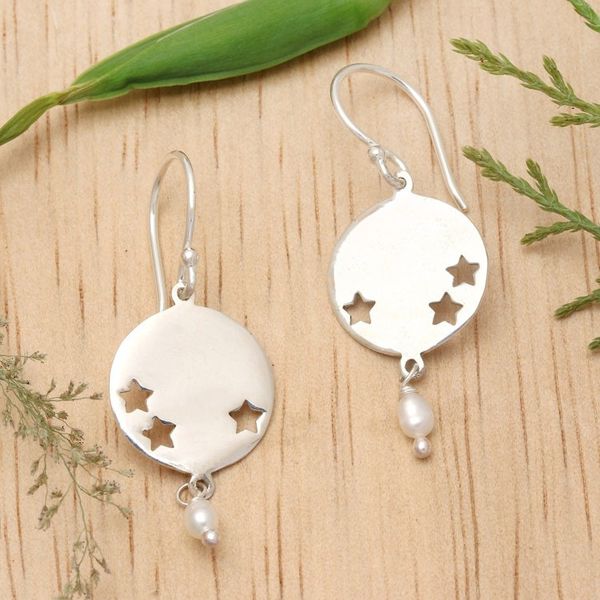 Alternate image for Star-Themed Sterling Silver and White Pearl Dangle Earrings Little Constellation