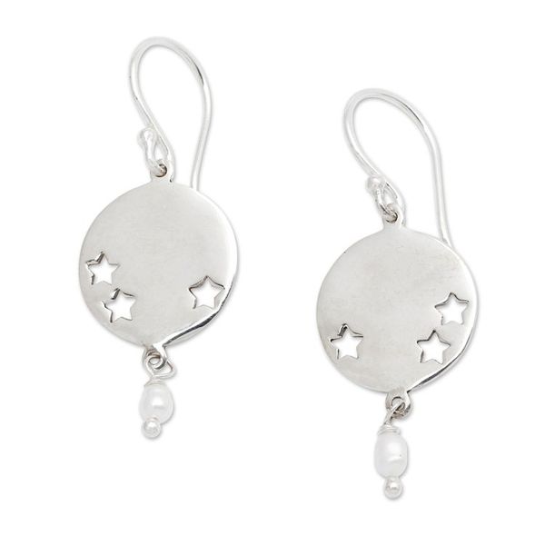 Alternate image for Star-Themed Sterling Silver and White Pearl Dangle Earrings Little Constellation