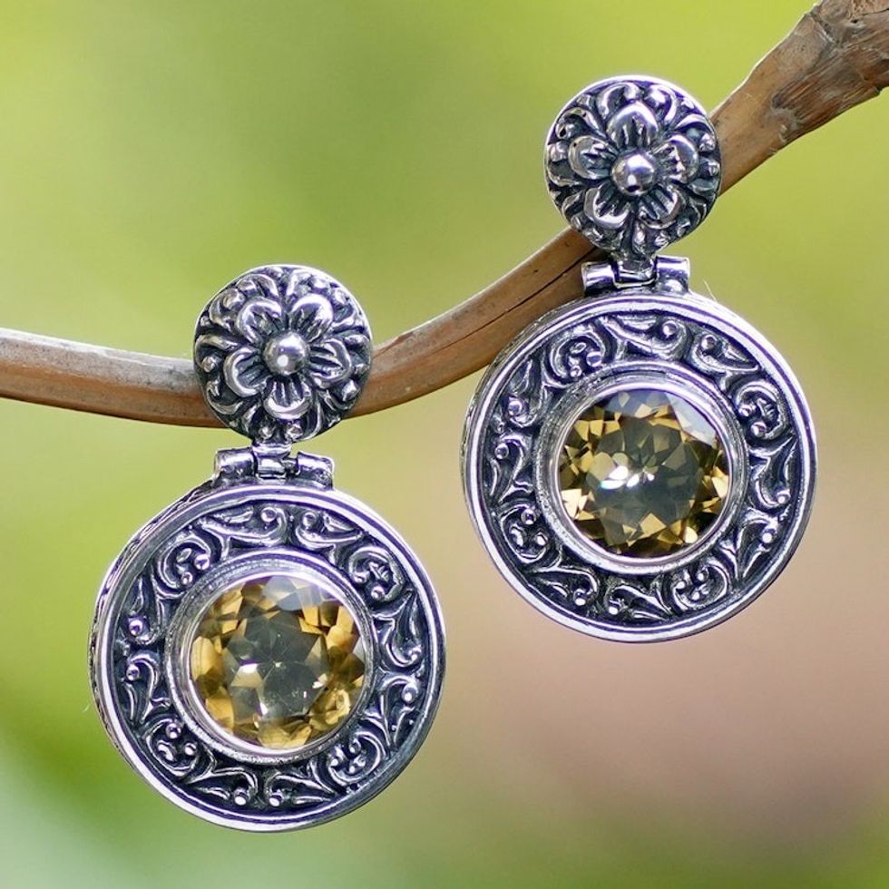 Classic Gong-Shaped Three-Carat Citrine Dangle Earrings 'Gong of Joy'