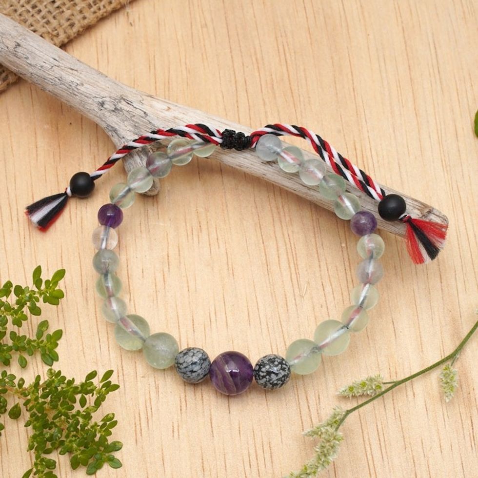 Fluorite Obsidian Amethyst Onyx Yoga Tridatu Men's Bracelet 'Tridatu Force'