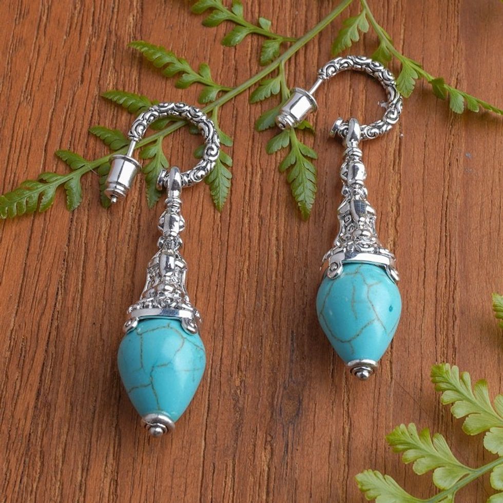Reconstituted Turquoise Lantern Earrings Handcrafted in Bali 'Temple Waters'