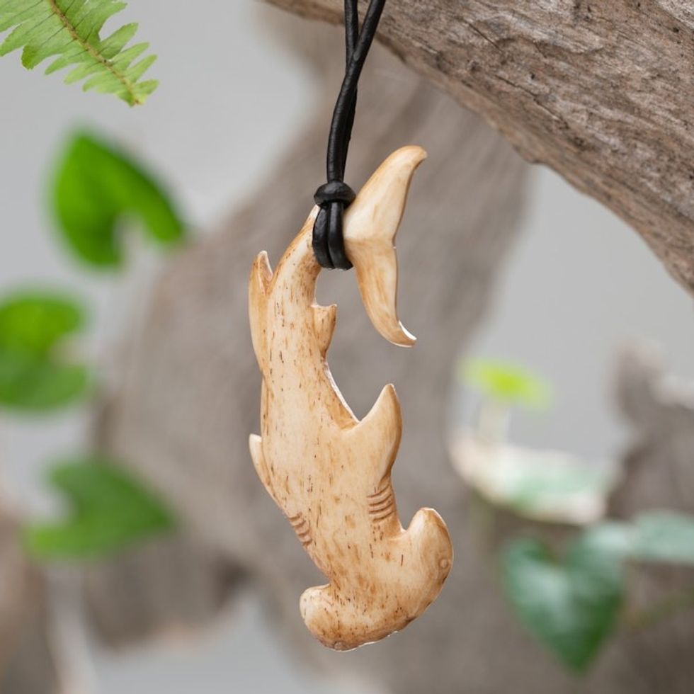 Sea Life-Themed Carved Black Leather Cord Pendant Necklace 'Hammerhead Shark'